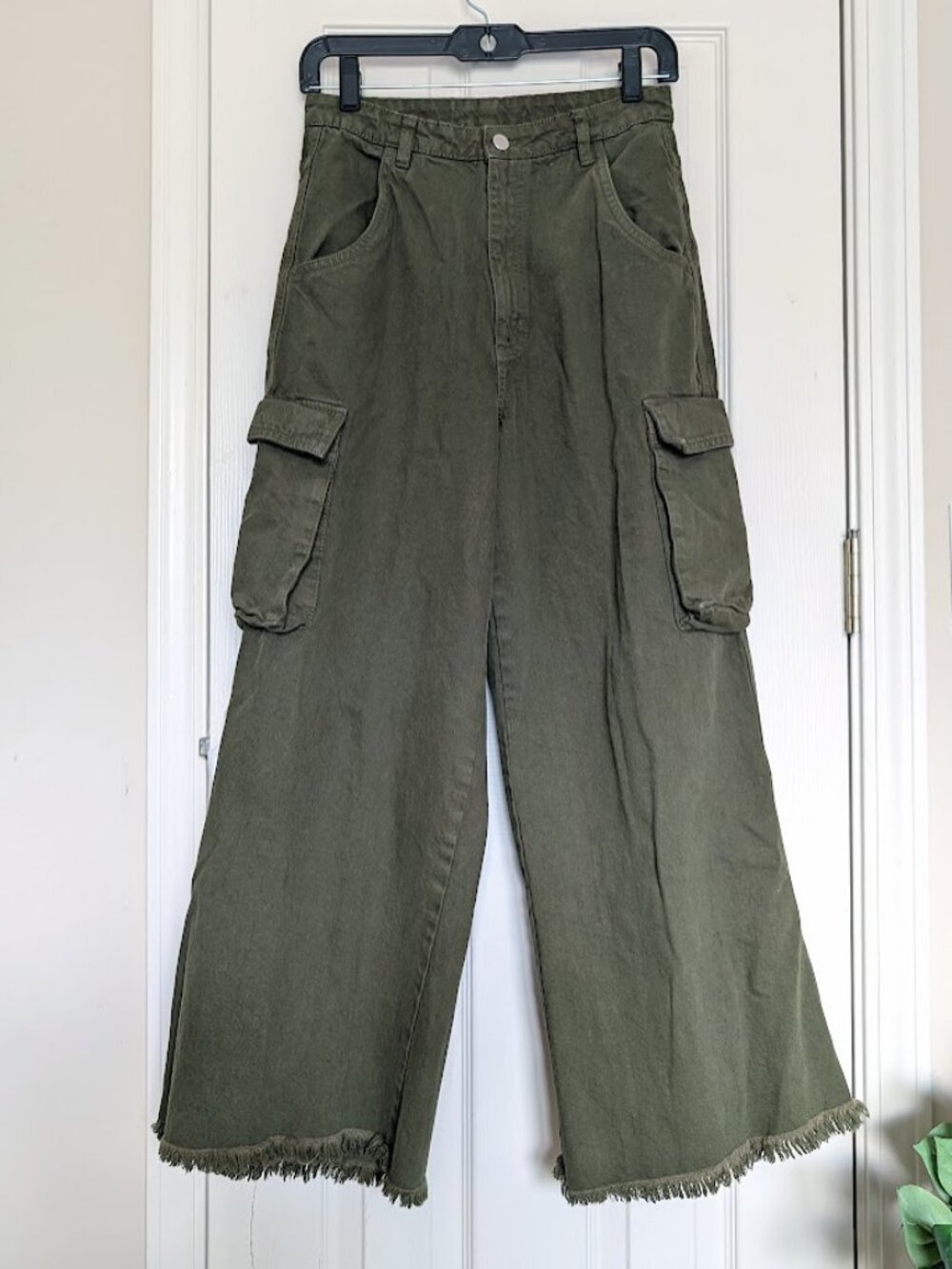 Nuon Womens Olive Green 100% Cotton Wide Leg Raw Hem Cargo Pants Size:26